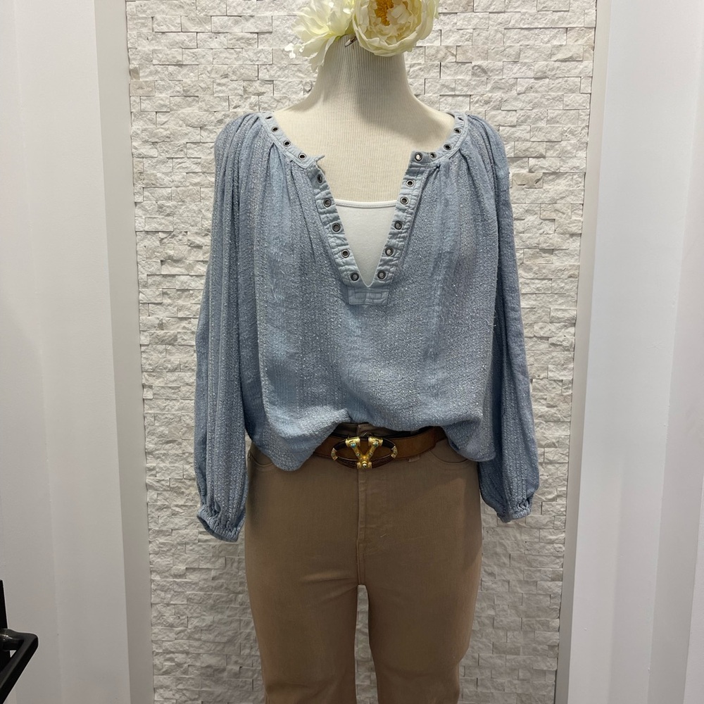 Free People Blue Chambray Grommet-Accent Blouse